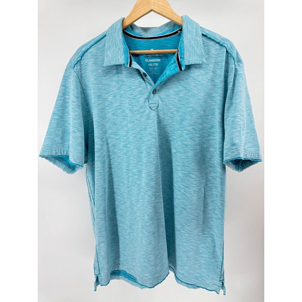 Tommy Bahama Fray Day Harbor Polo Mens XXL Blue IslandZone UPF 30 Raw Edge
